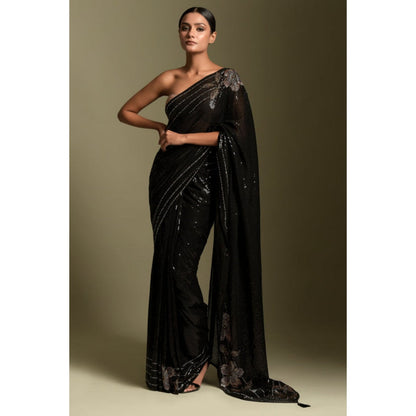 "Two Sisters" by Gyans Black Crystal & Sequins Embroidered Saree with Unstitched Blouse