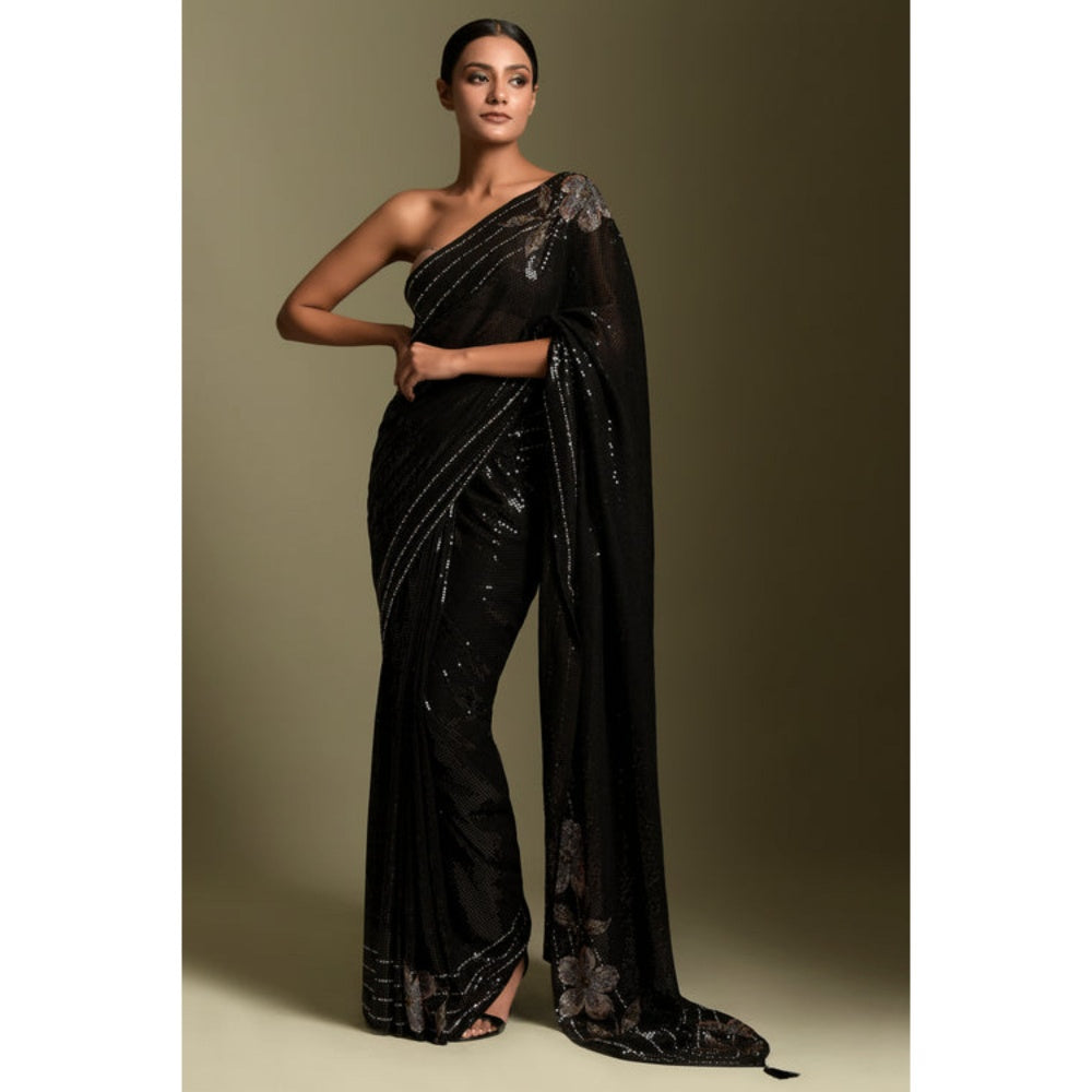 "Two Sisters" by Gyans Black Crystal & Sequins Embroidered Saree with Unstitched Blouse