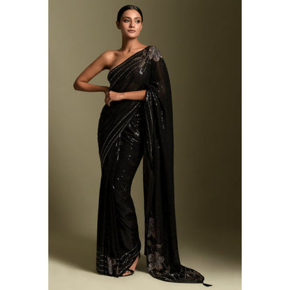 "Two Sisters" by Gyans Black Crystal & Sequins Embroidered Saree with Unstitched Blouse
