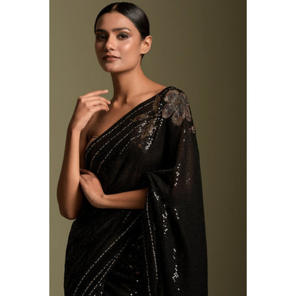 "Two Sisters" by Gyans Black Crystal & Sequins Embroidered Saree with Unstitched Blouse
