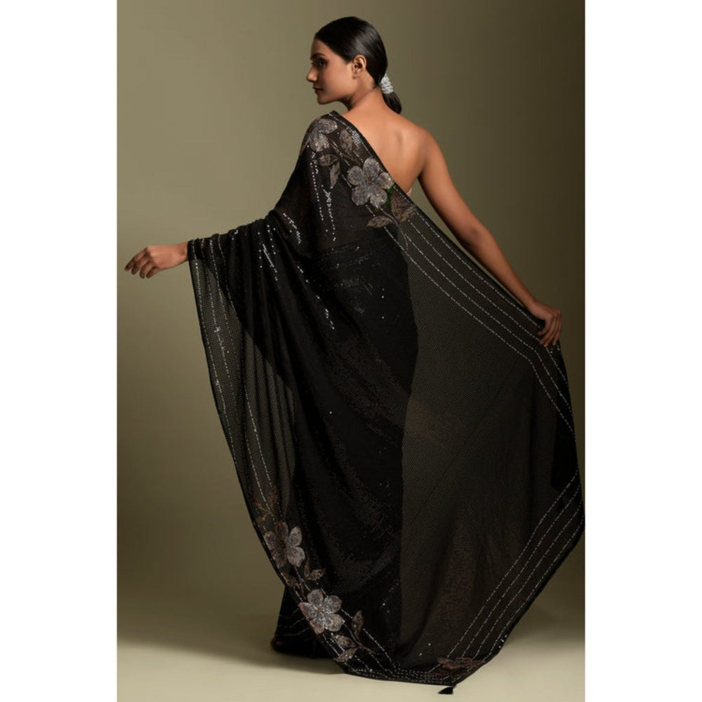 "Two Sisters" by Gyans Black Crystal & Sequins Embroidered Saree with Unstitched Blouse