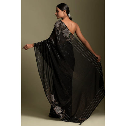 "Two Sisters" by Gyans Black Crystal & Sequins Embroidered Saree with Unstitched Blouse
