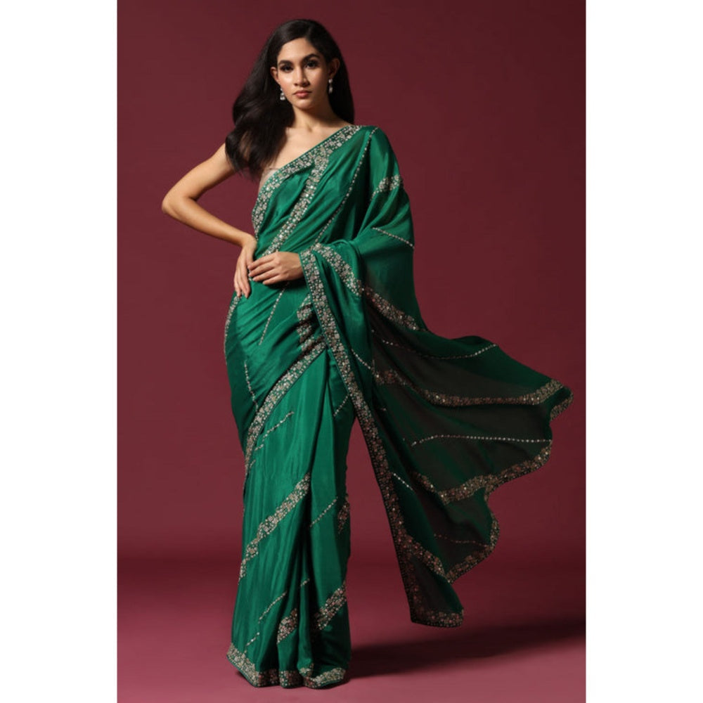 "Two Sisters" by Gyans Green Embroidered and Embellished Saree with Unstitched Blouse