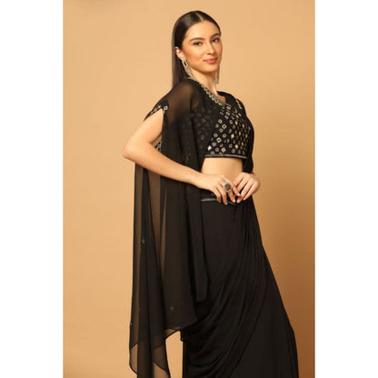 "Two Sisters" by Gyans Black Draped Saree with Stitched Blouse with Cape