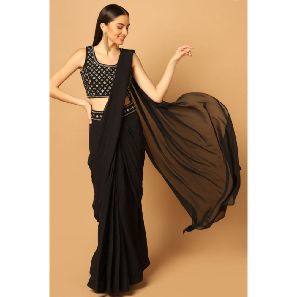 "Two Sisters" by Gyans Black Draped Saree with Stitched Blouse with Cape