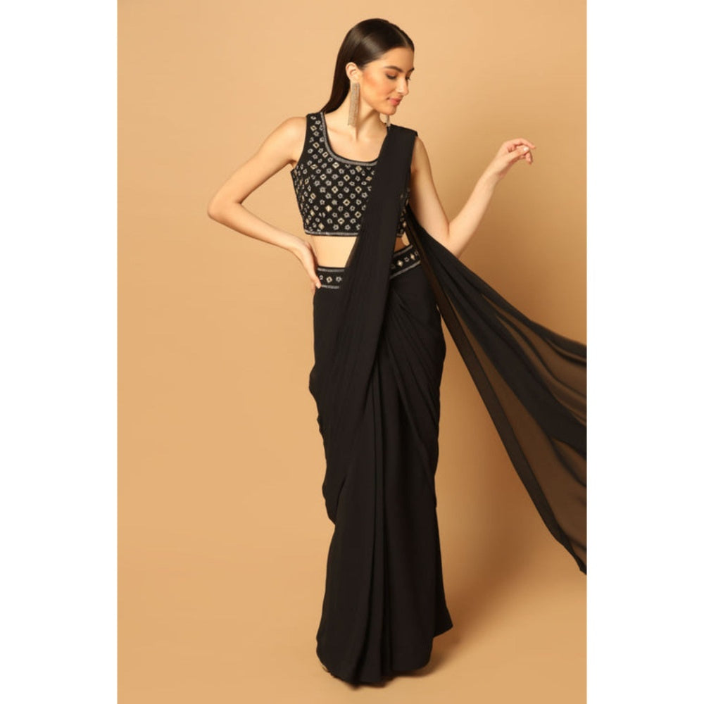 "Two Sisters" by Gyans Black Draped Saree with Stitched Blouse with Cape