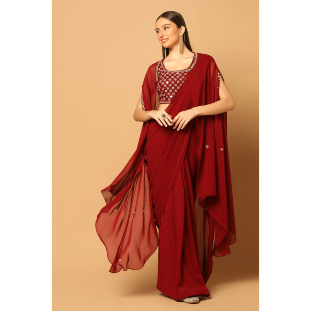 "Two Sisters" by Gyans Maroon Draped Saree with Stitched Blouse with a Cape