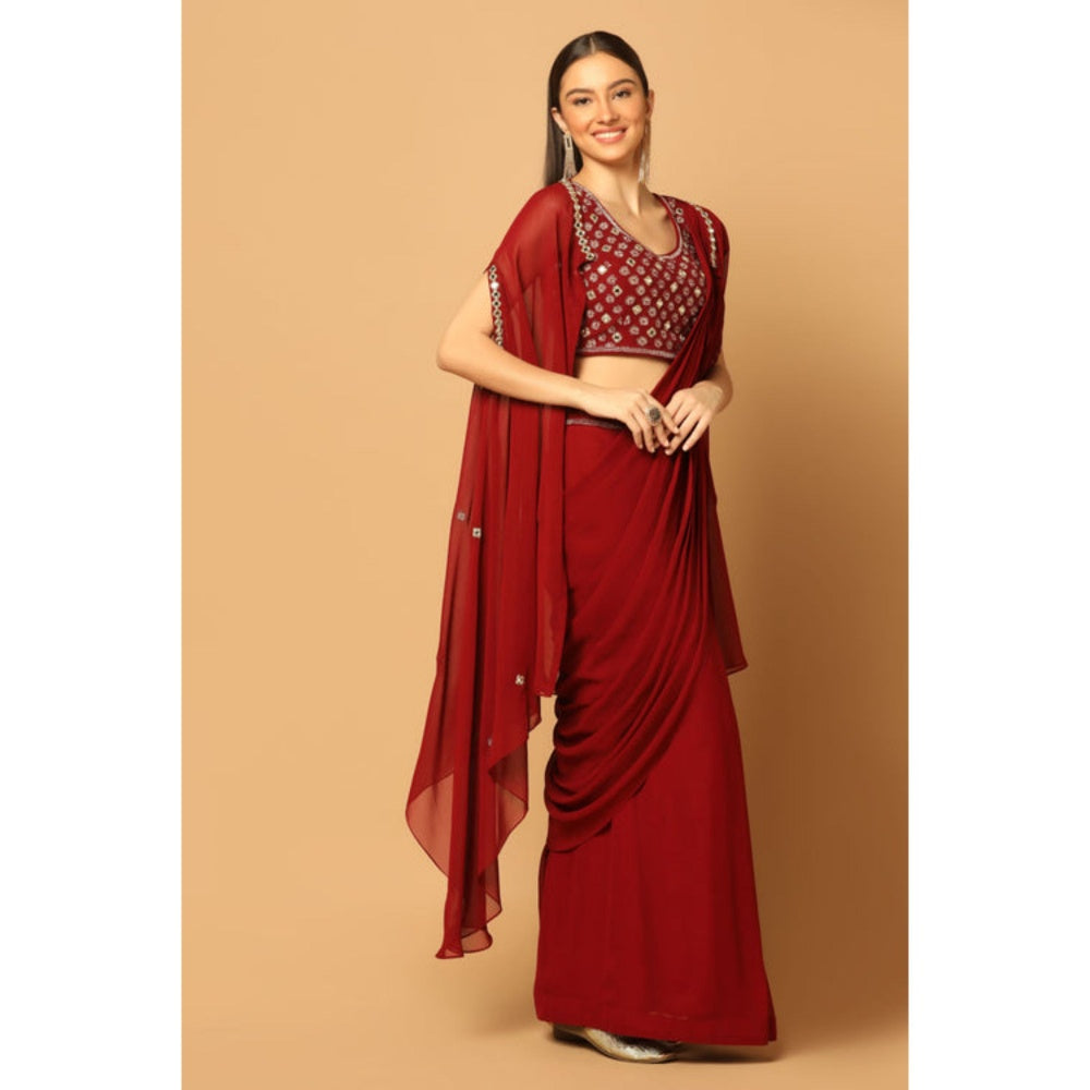 "Two Sisters" by Gyans Maroon Draped Saree with Stitched Blouse with a Cape