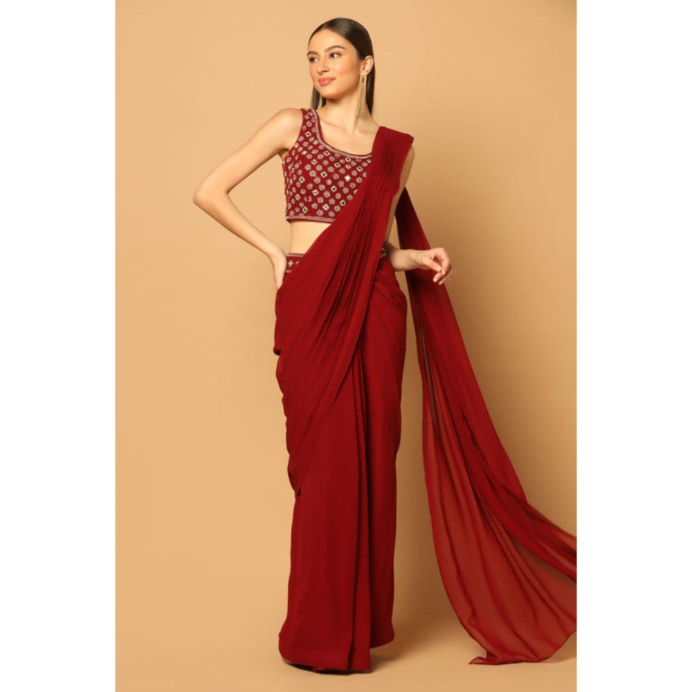 "Two Sisters" by Gyans Maroon Draped Saree with Stitched Blouse with a Cape