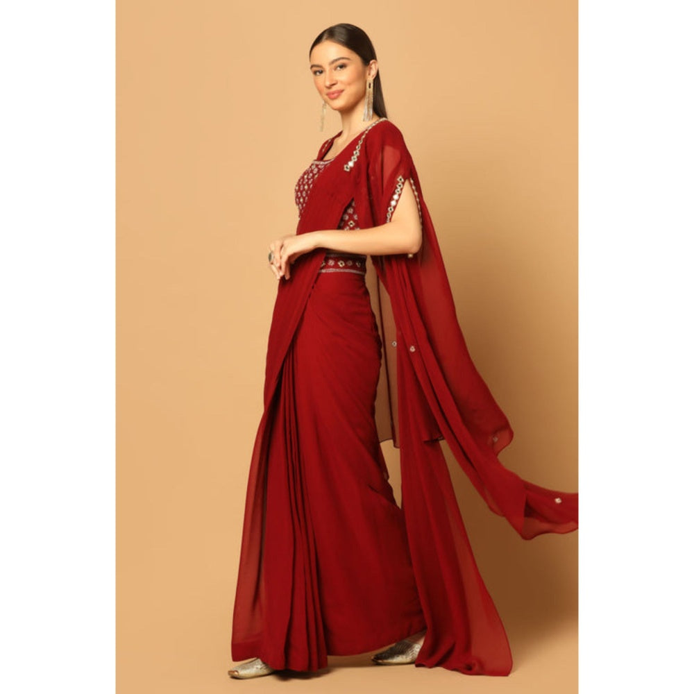 "Two Sisters" by Gyans Maroon Draped Saree with Stitched Blouse with a Cape