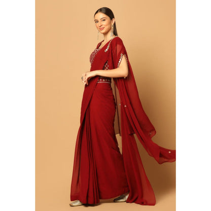 "Two Sisters" by Gyans Maroon Draped Saree with Stitched Blouse with a Cape