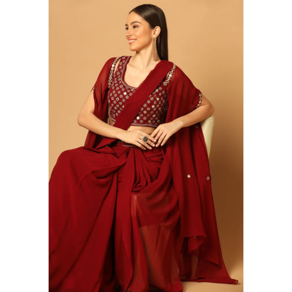 "Two Sisters" by Gyans Maroon Draped Saree with Stitched Blouse with a Cape