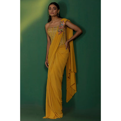 "Two Sisters" by Gyans Mustard Yellow Pre-Draped Saree with Stitched Blouse