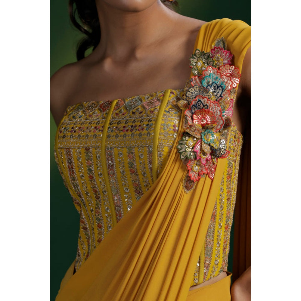 "Two Sisters" by Gyans Mustard Yellow Pre-Draped Saree with Stitched Blouse