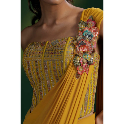 "Two Sisters" by Gyans Mustard Yellow Pre-Draped Saree with Stitched Blouse