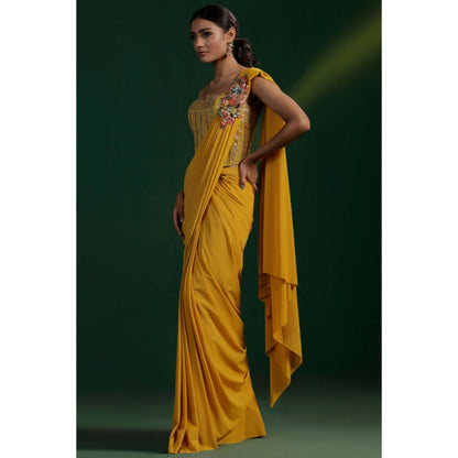 "Two Sisters" by Gyans Mustard Yellow Pre-Draped Saree with Stitched Blouse