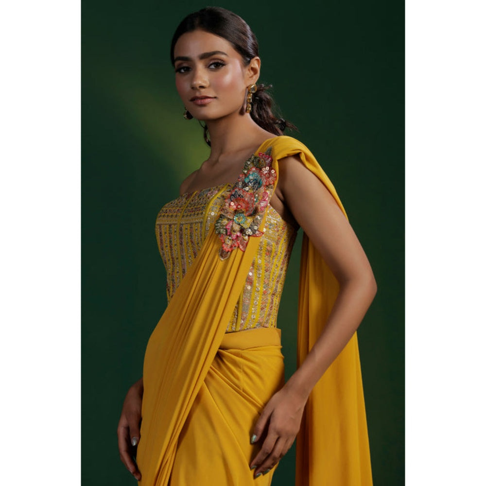 "Two Sisters" by Gyans Mustard Yellow Pre-Draped Saree with Stitched Blouse