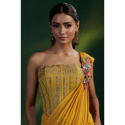 "Two Sisters" by Gyans Mustard Yellow Pre-Draped Saree with Stitched Blouse