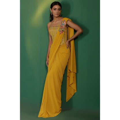 "Two Sisters" by Gyans Mustard Yellow Pre-Draped Saree with Stitched Blouse