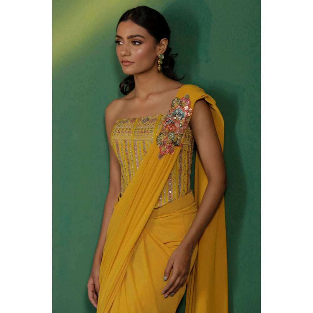 "Two Sisters" by Gyans Mustard Yellow Pre-Draped Saree with Stitched Blouse