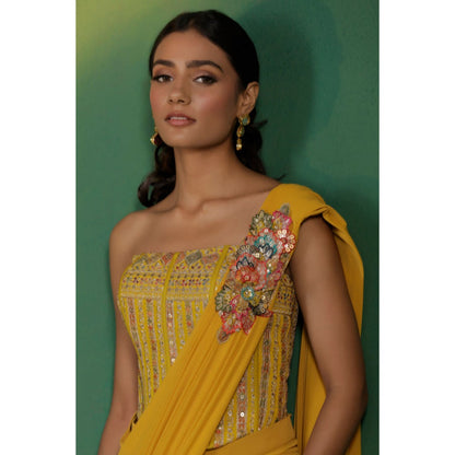 "Two Sisters" by Gyans Mustard Yellow Pre-Draped Saree with Stitched Blouse