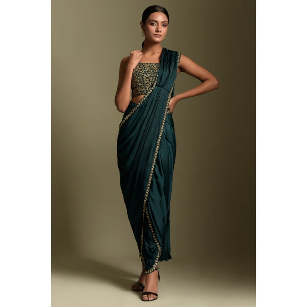 "Two Sisters" by Gyans Teal Blue Embroidered Dhoti Saree Set