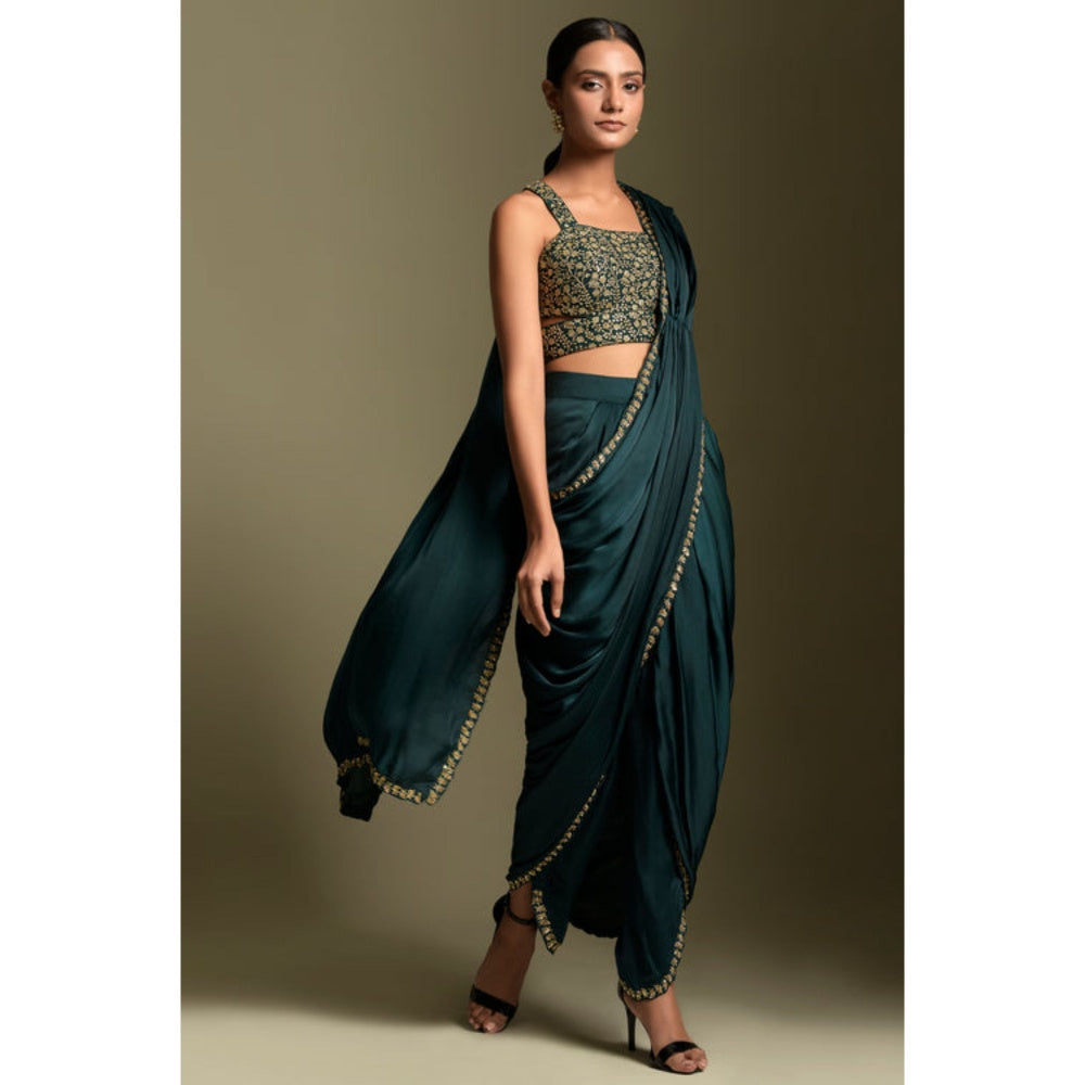 "Two Sisters" by Gyans Teal Blue Embroidered Dhoti Saree Set
