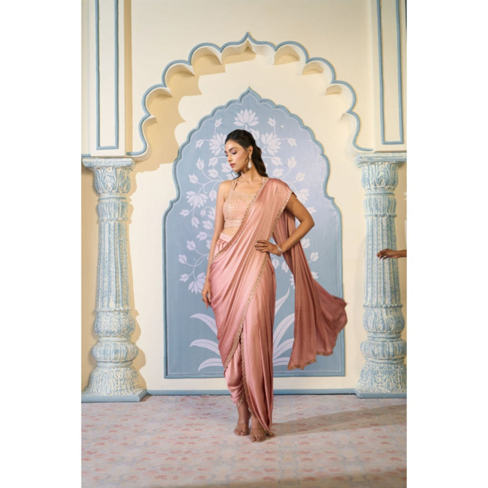 "Two Sisters" by Gyans Dusty Pink Dhoti Drape Saree with Stitched Blouse