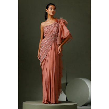 "Two Sisters" by Gyans Dusky Pink Organza Drape Saree with Stitched Blouse