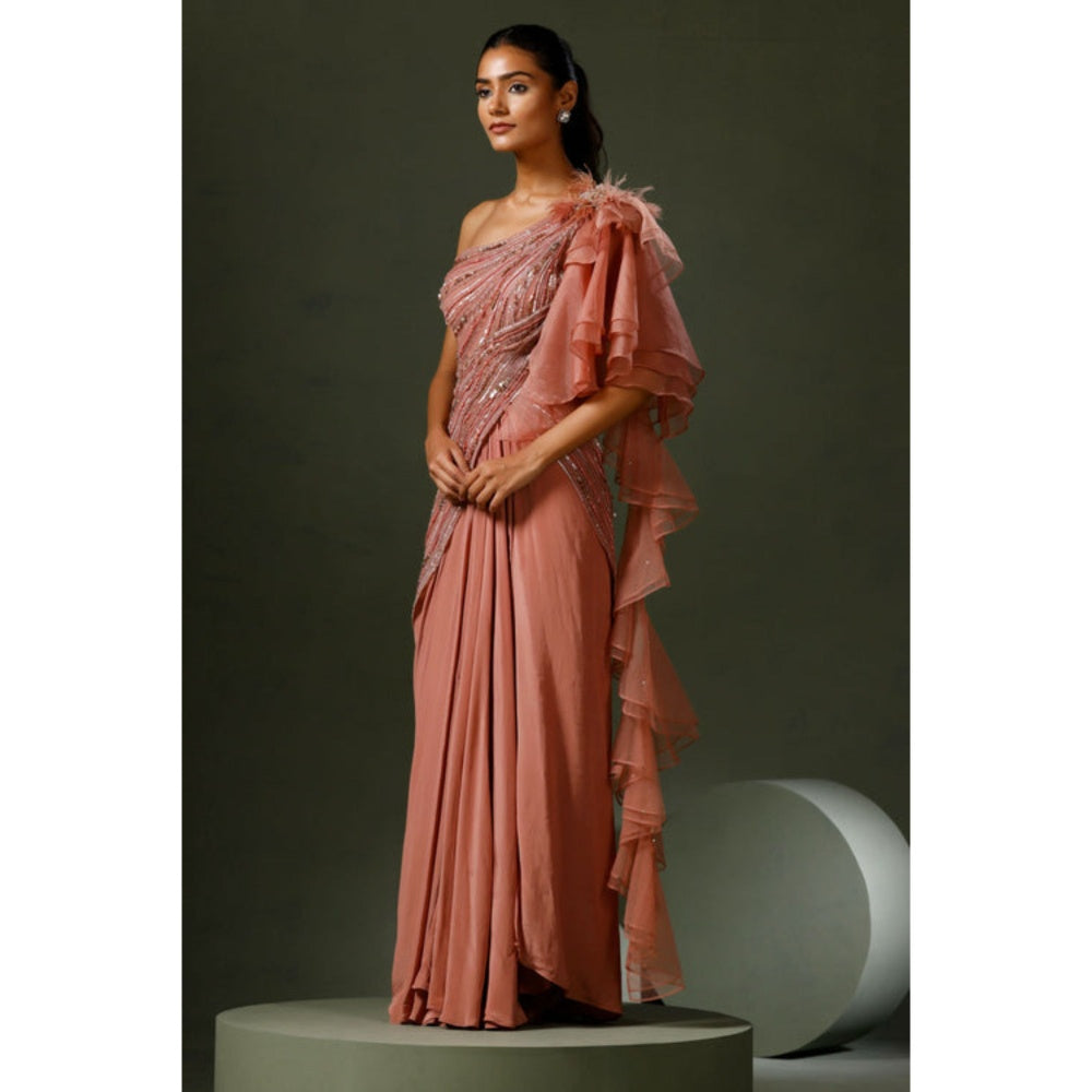 "Two Sisters" by Gyans Dusky Pink Organza Drape Saree with Stitched Blouse