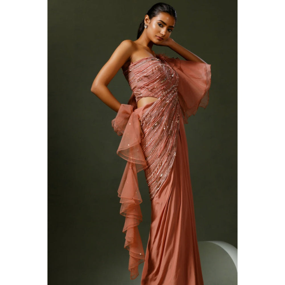 "Two Sisters" by Gyans Dusky Pink Organza Drape Saree with Stitched Blouse