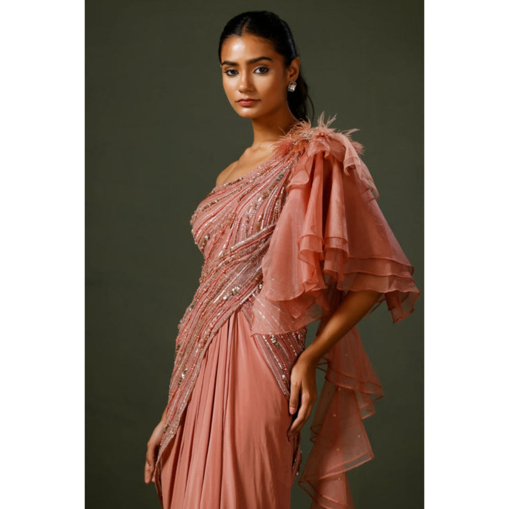 "Two Sisters" by Gyans Dusky Pink Organza Drape Saree with Stitched Blouse