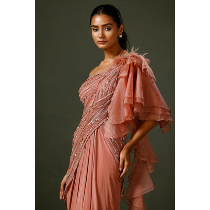 "Two Sisters" by Gyans Dusky Pink Organza Drape Saree with Stitched Blouse