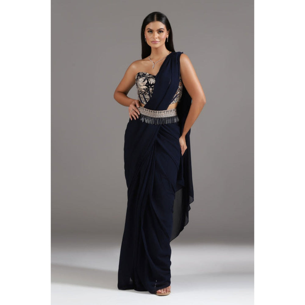 "Two Sisters" by Gyans Midnight Blue Georgette Pre-Draped Saree with Stitched Blouse