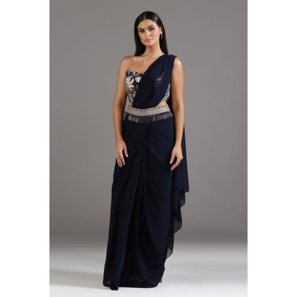 "Two Sisters" by Gyans Midnight Blue Georgette Pre-Draped Saree with Stitched Blouse