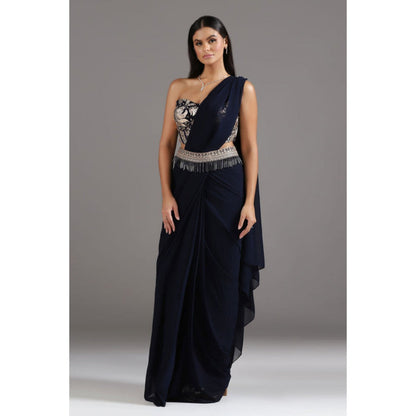 "Two Sisters" by Gyans Midnight Blue Georgette Pre-Draped Saree with Stitched Blouse