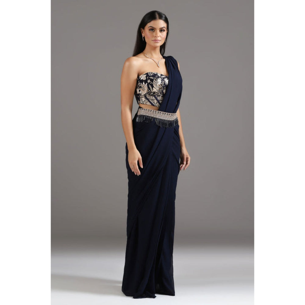 "Two Sisters" by Gyans Midnight Blue Georgette Pre-Draped Saree with Stitched Blouse