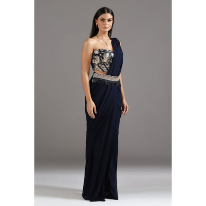 "Two Sisters" by Gyans Midnight Blue Georgette Pre-Draped Saree with Stitched Blouse