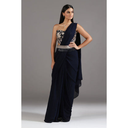 "Two Sisters" by Gyans Midnight Blue Georgette Pre-Draped Saree with Stitched Blouse