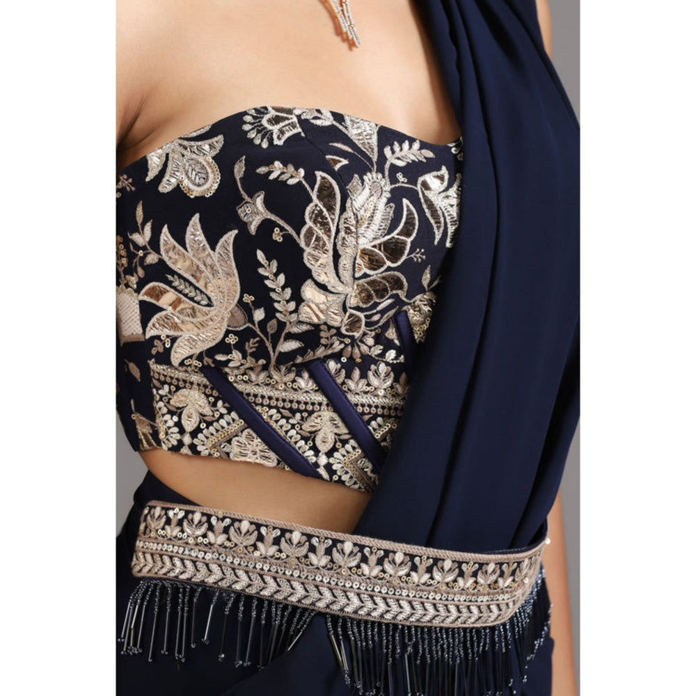 "Two Sisters" by Gyans Midnight Blue Georgette Pre-Draped Saree with Stitched Blouse