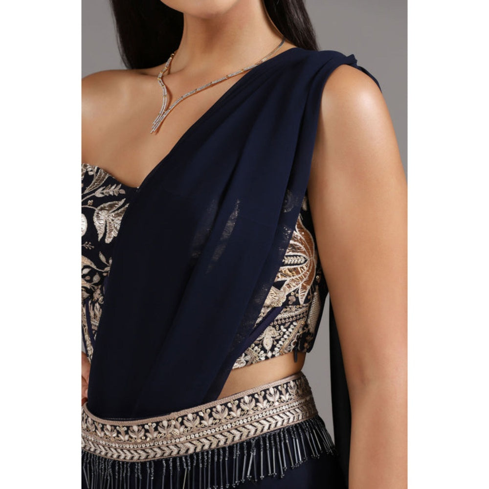 "Two Sisters" by Gyans Midnight Blue Georgette Pre-Draped Saree with Stitched Blouse