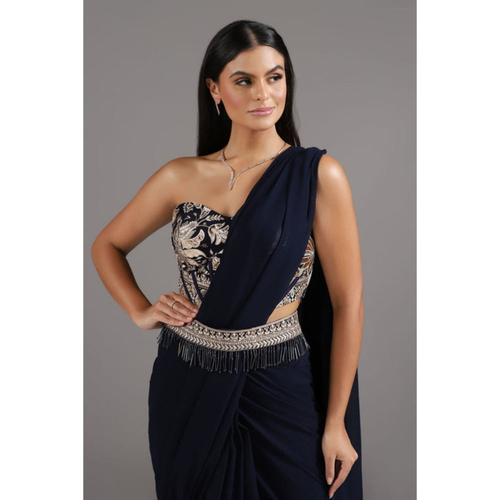 "Two Sisters" by Gyans Midnight Blue Georgette Pre-Draped Saree with Stitched Blouse