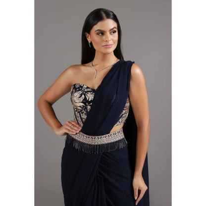 "Two Sisters" by Gyans Midnight Blue Georgette Pre-Draped Saree with Stitched Blouse