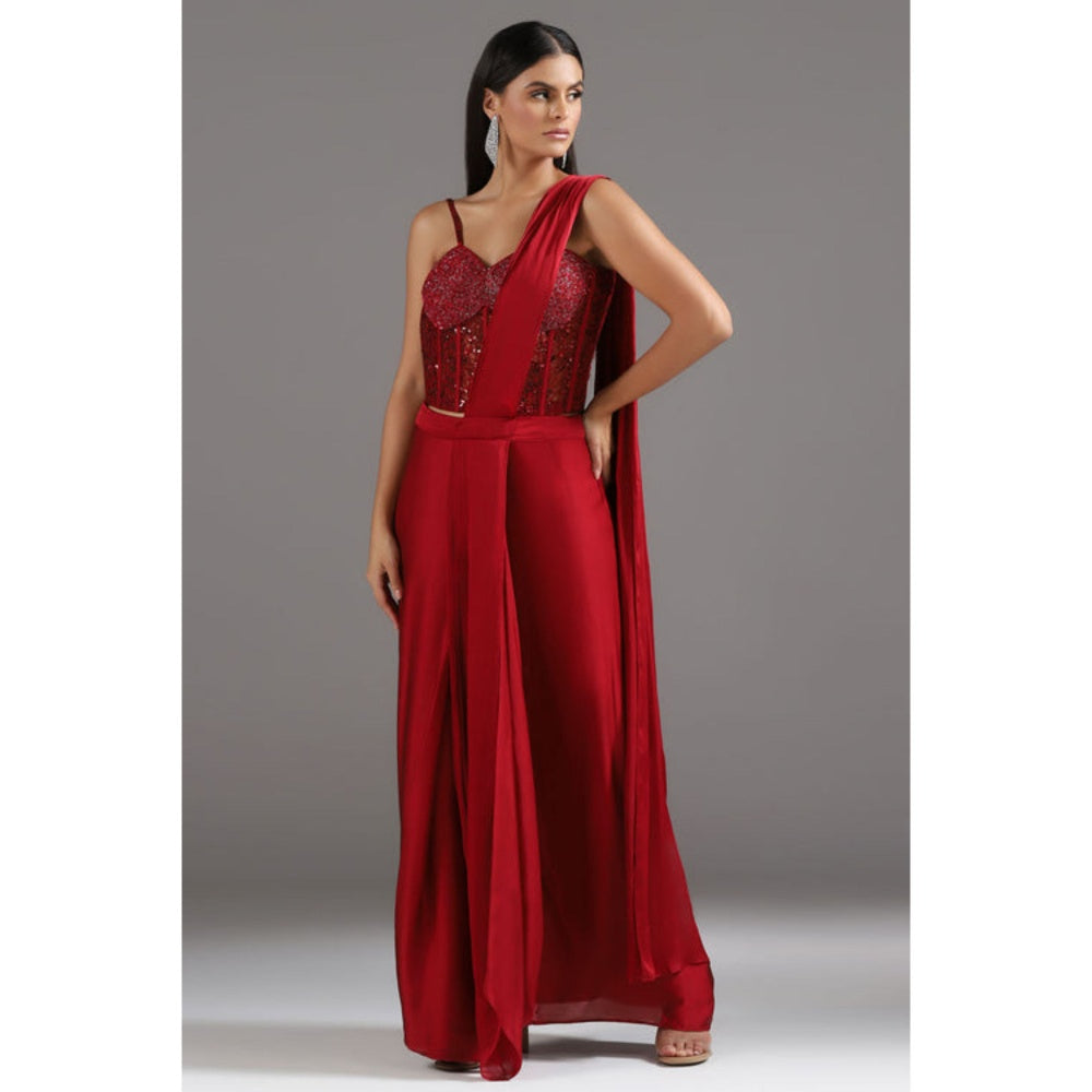 "Two Sisters" by Gyans The Eternal Red Sequinned Pre Draped Saree with Stitched Blouse