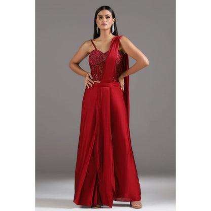 "Two Sisters" by Gyans The Eternal Red Sequinned Pre Draped Saree with Stitched Blouse