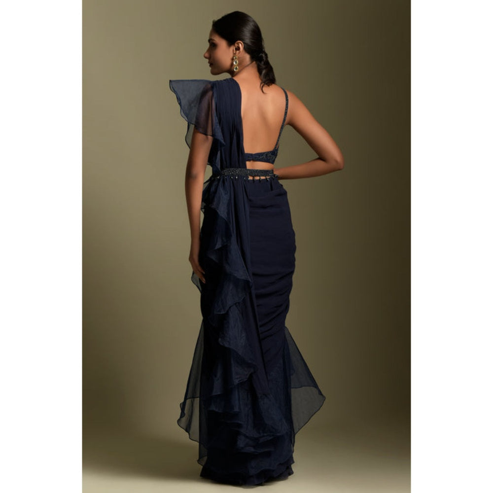 "Two Sisters" by Gyans Navy Blue Georgette Solid/Plain Pre-draped Saree with Stitched Blouse