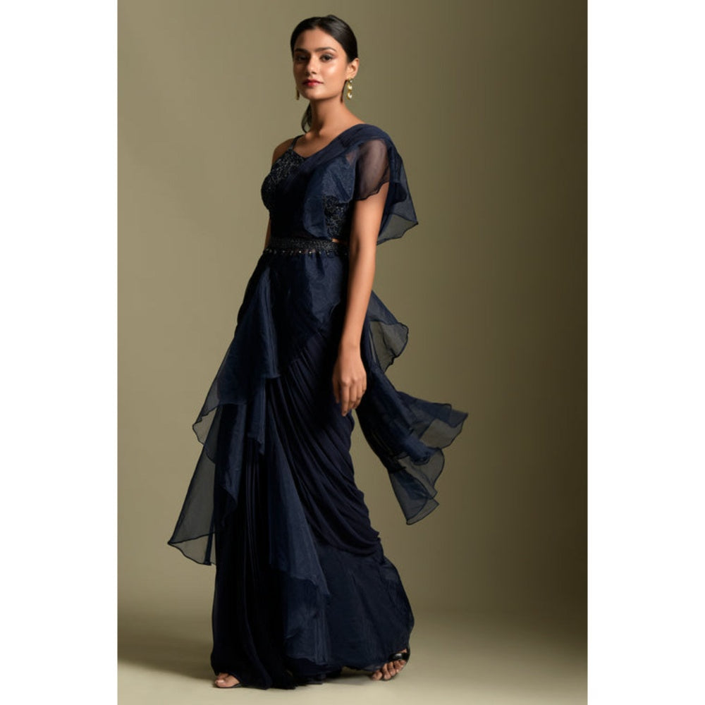 "Two Sisters" by Gyans Navy Blue Georgette Solid/Plain Pre-draped Saree with Stitched Blouse