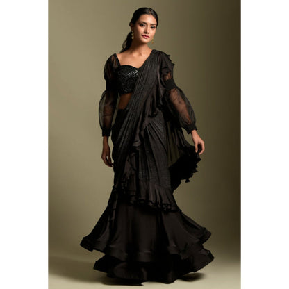 "Two Sisters" by Gyans Black Embellished Pre-draped Saree with Stitched Blouse