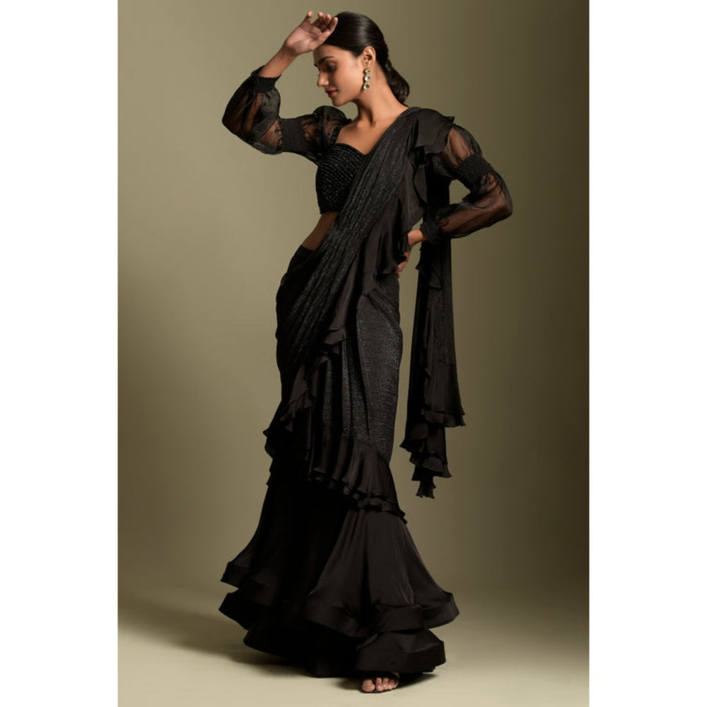 "Two Sisters" by Gyans Black Embellished Pre-draped Saree with Stitched Blouse