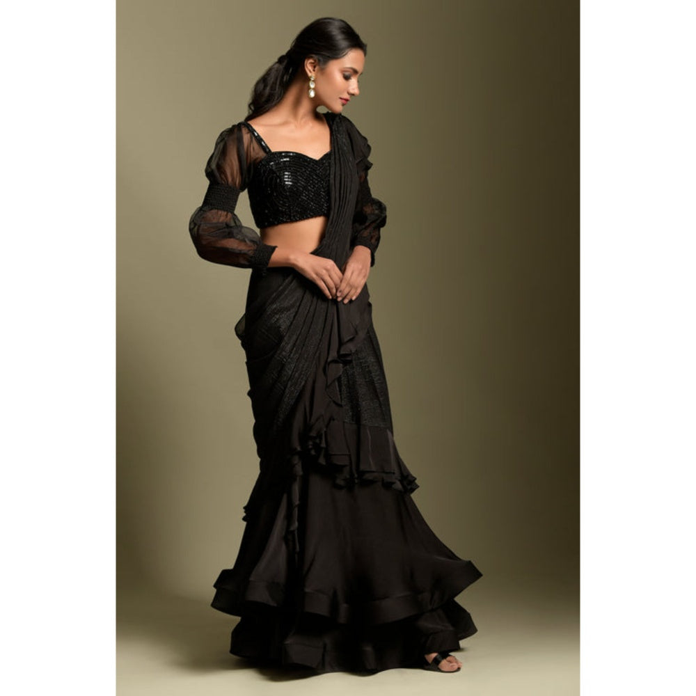 "Two Sisters" by Gyans Black Embellished Pre-draped Saree with Stitched Blouse